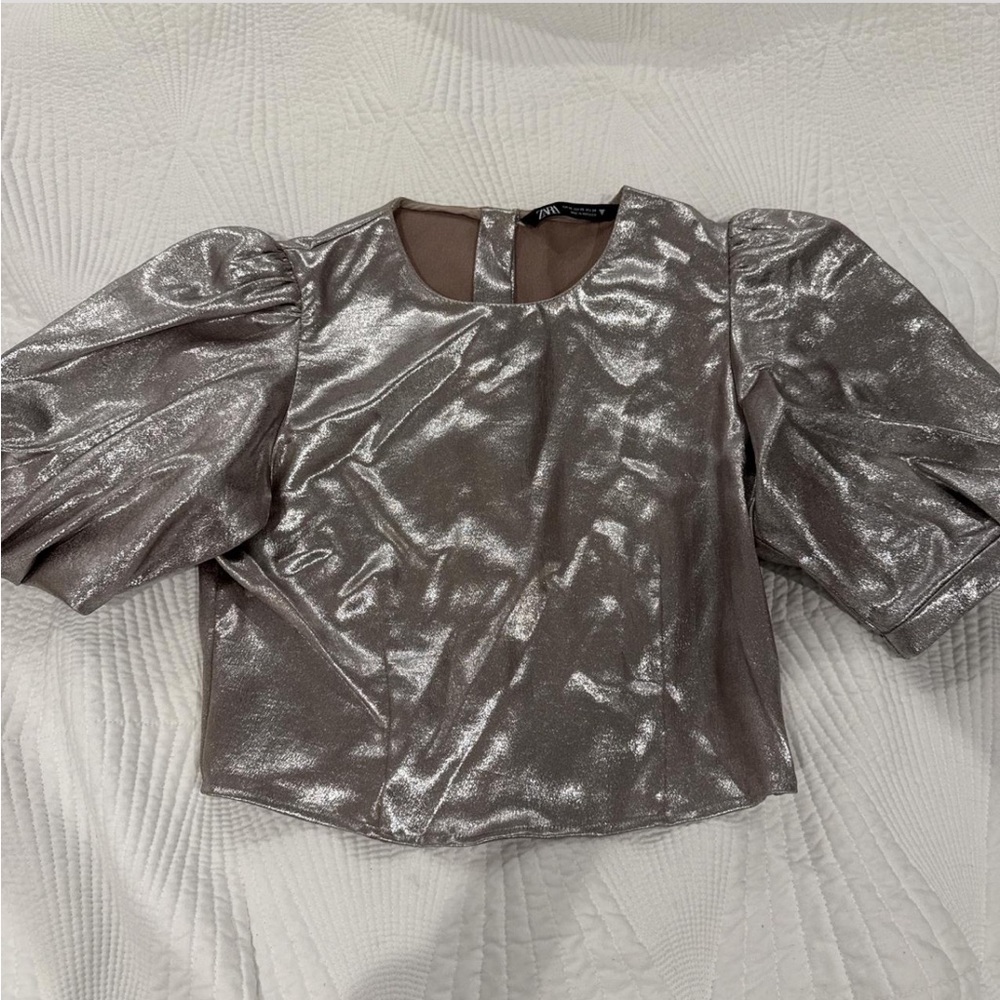 Zara Silver Puff Sleeve Blouse